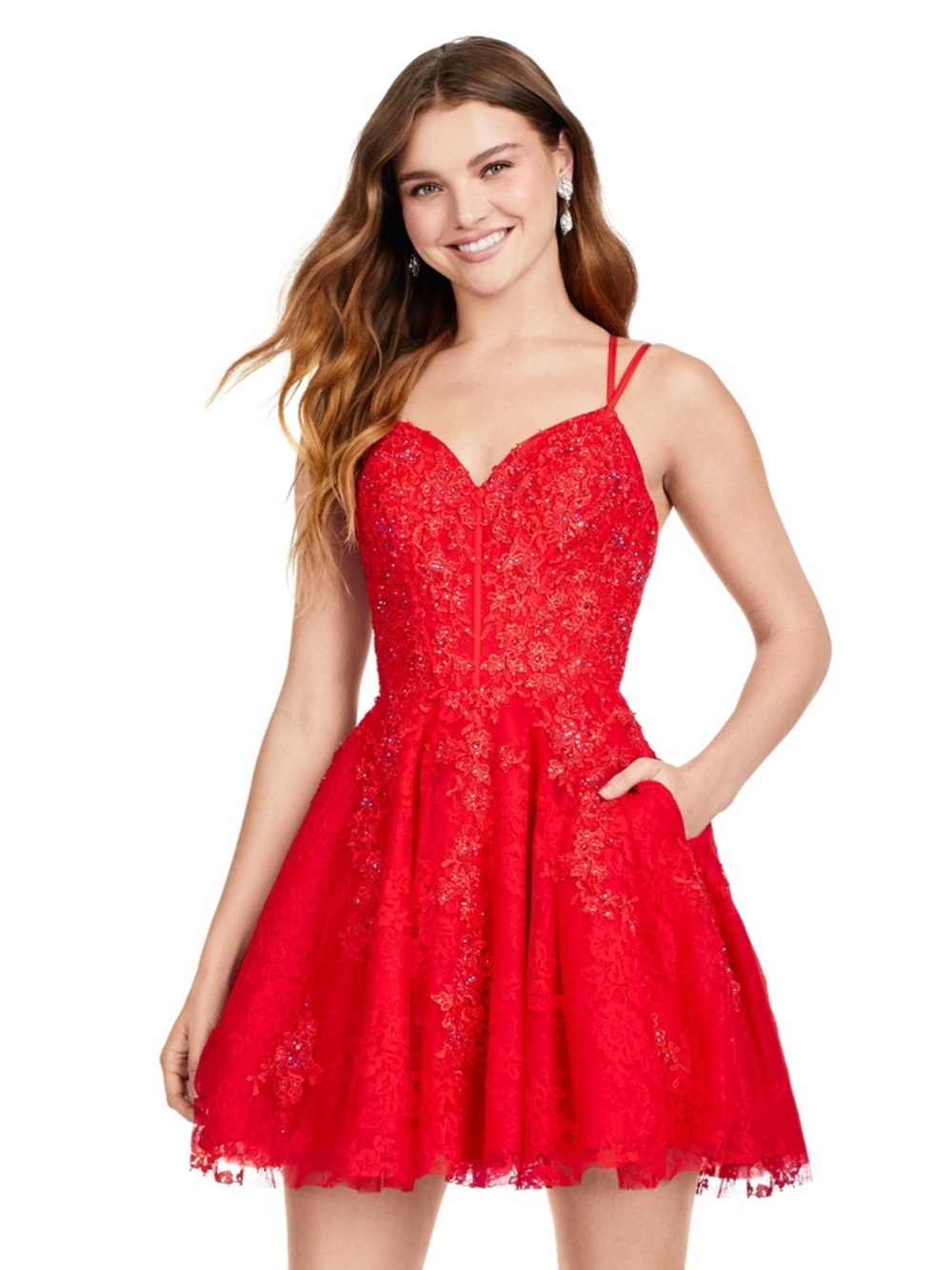 Ashley Lauren Size 2 Red Lace Mini Dress with Spaghetti Straps and Corset Back